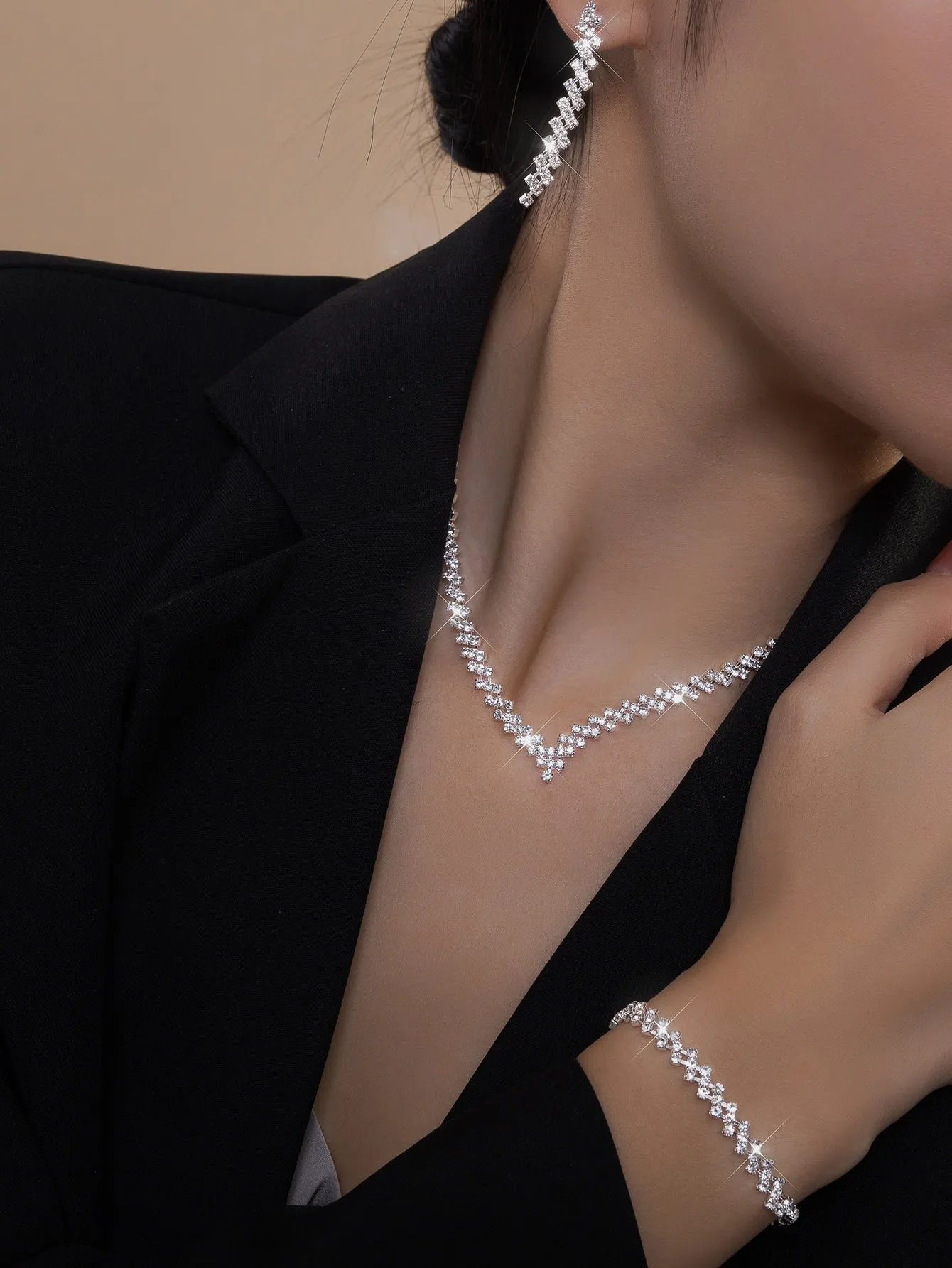 4pcs/set Rhinestone Decor Jewelry Set - Silver