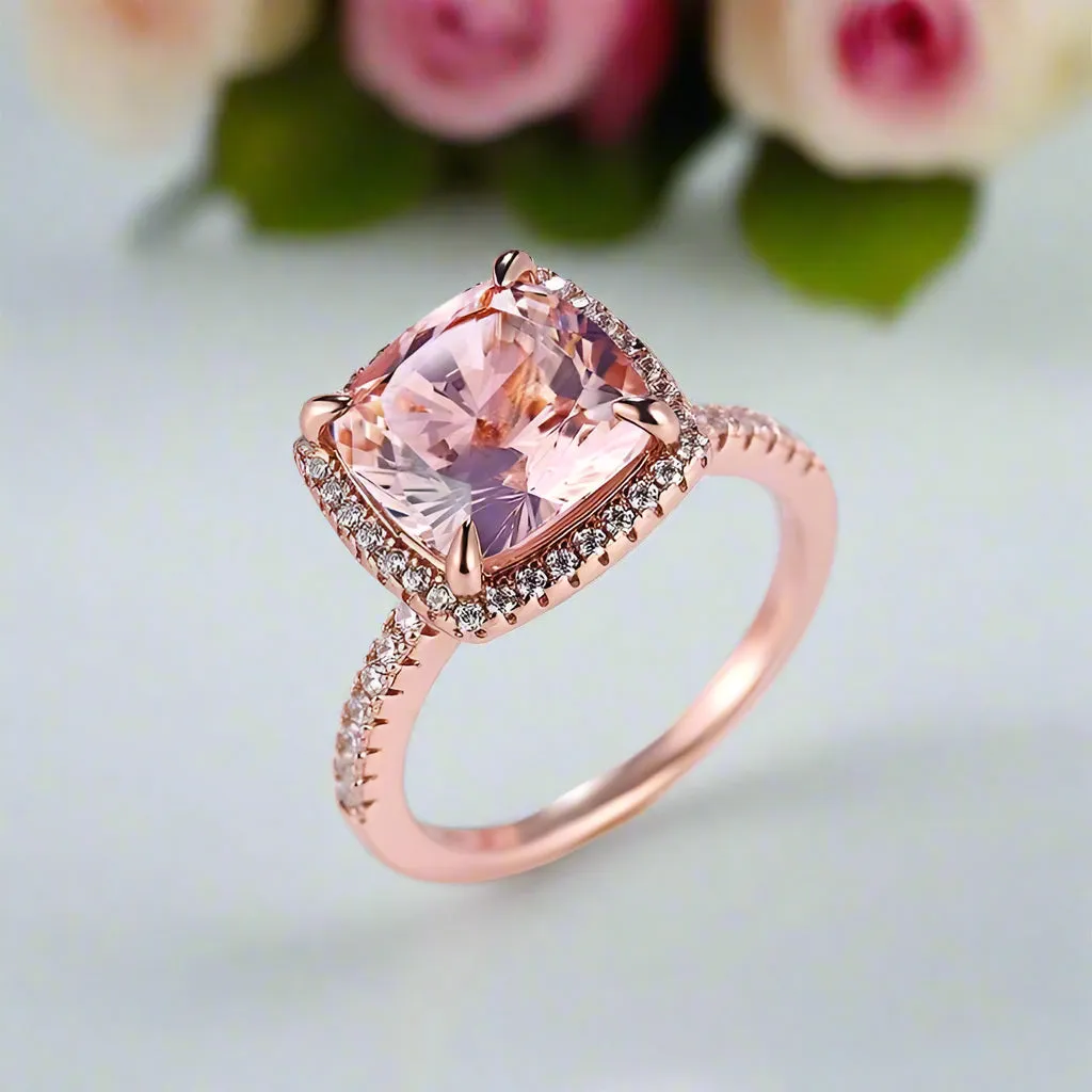 5.0ct Cushion Cut Simulated Diamond Pink Halo Engagement Ring