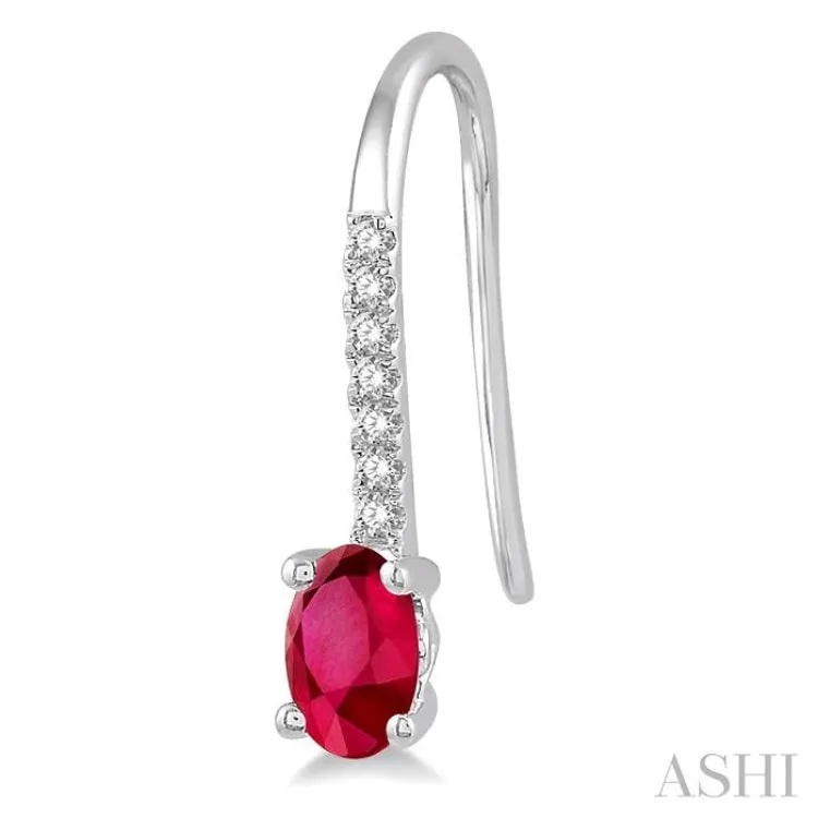 5x3 MM Oval Cut Ruby and 1/20 ctw Round Cut Diamond Precious Earrings in 10K White Gold