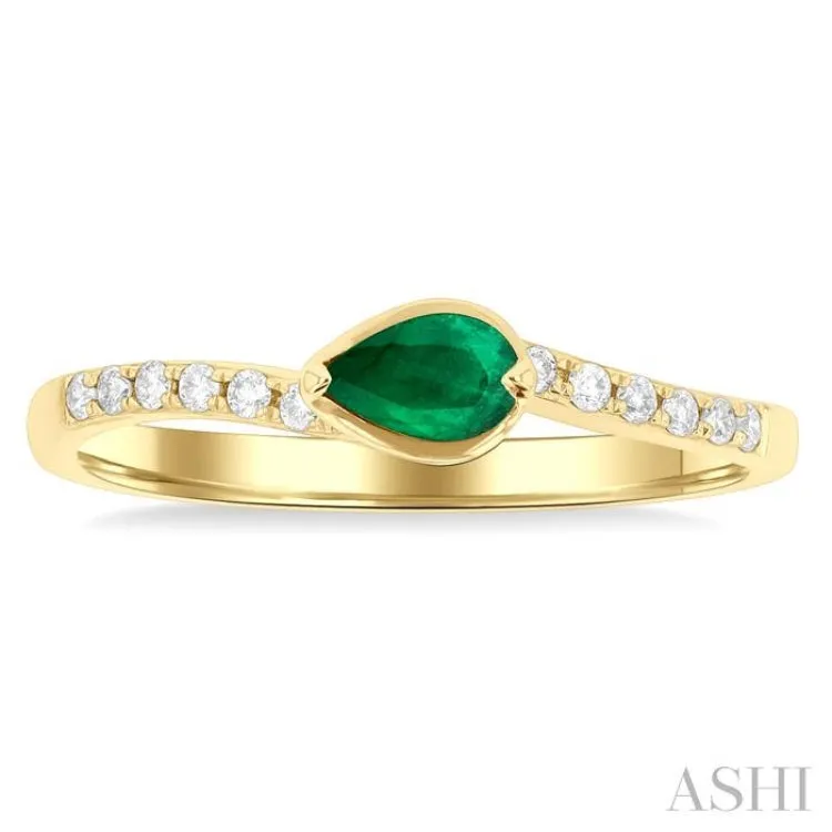 5x3 MM Pear Cut Emerald and 1/10 ctw Round Cut Diamond East-West Set Precious Ring in 14K Yellow Gold