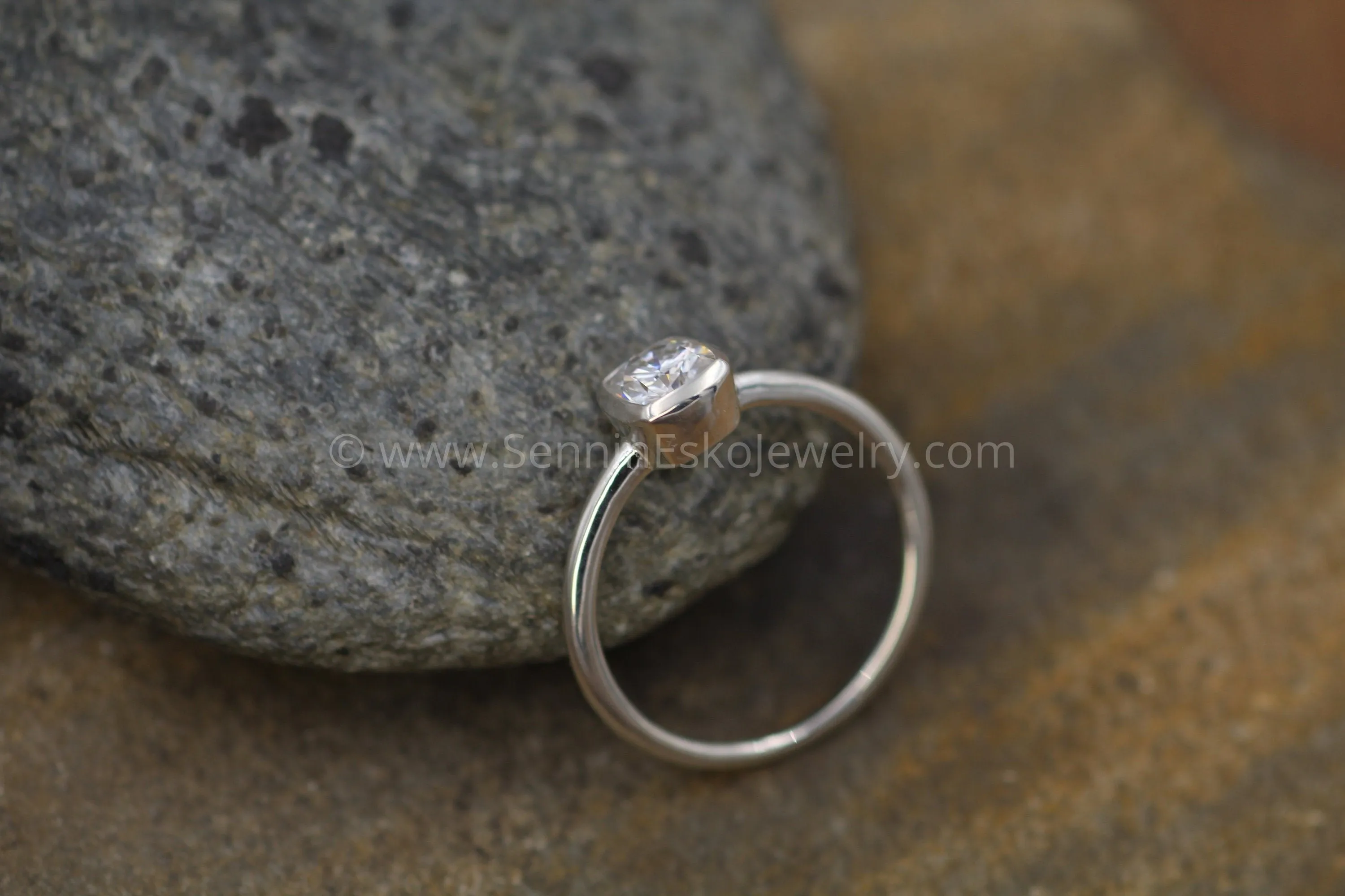 5x5 Colorless Moissanite -  Cushion Cut Bezel White Gold Solitaire Ring -  Forever One Moissanite