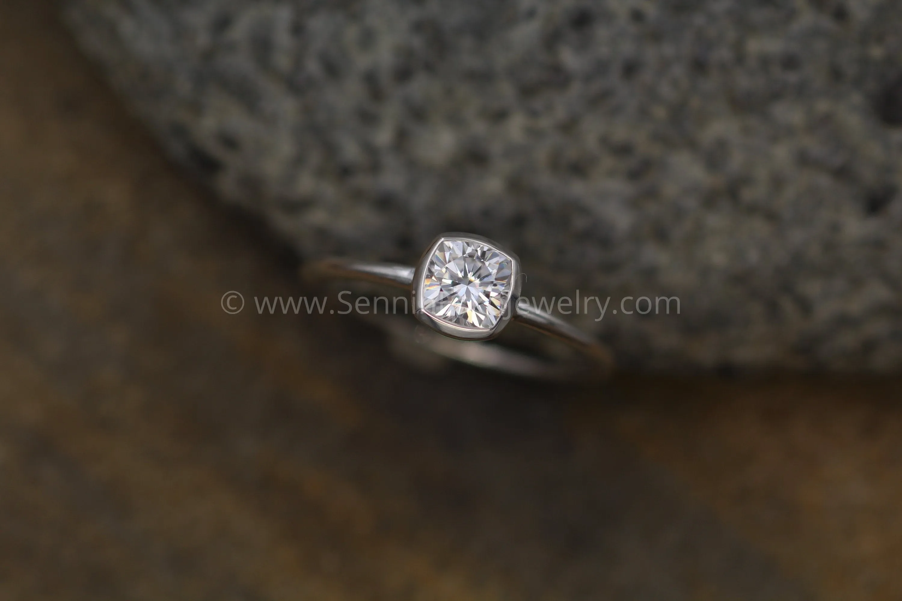 5x5 Colorless Moissanite -  Cushion Cut Bezel White Gold Solitaire Ring -  Forever One Moissanite