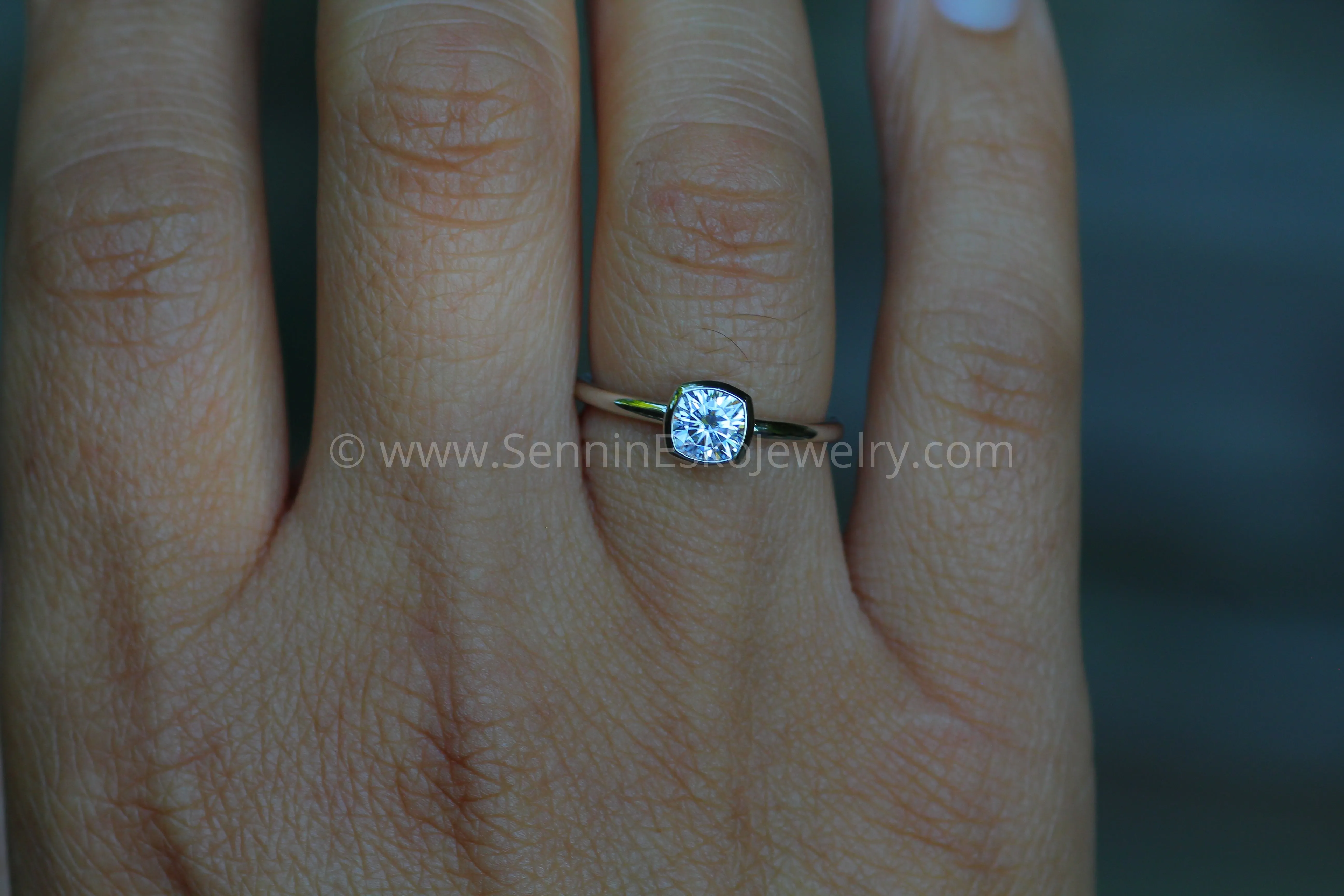 5x5 Colorless Moissanite -  Cushion Cut Bezel White Gold Solitaire Ring -  Forever One Moissanite