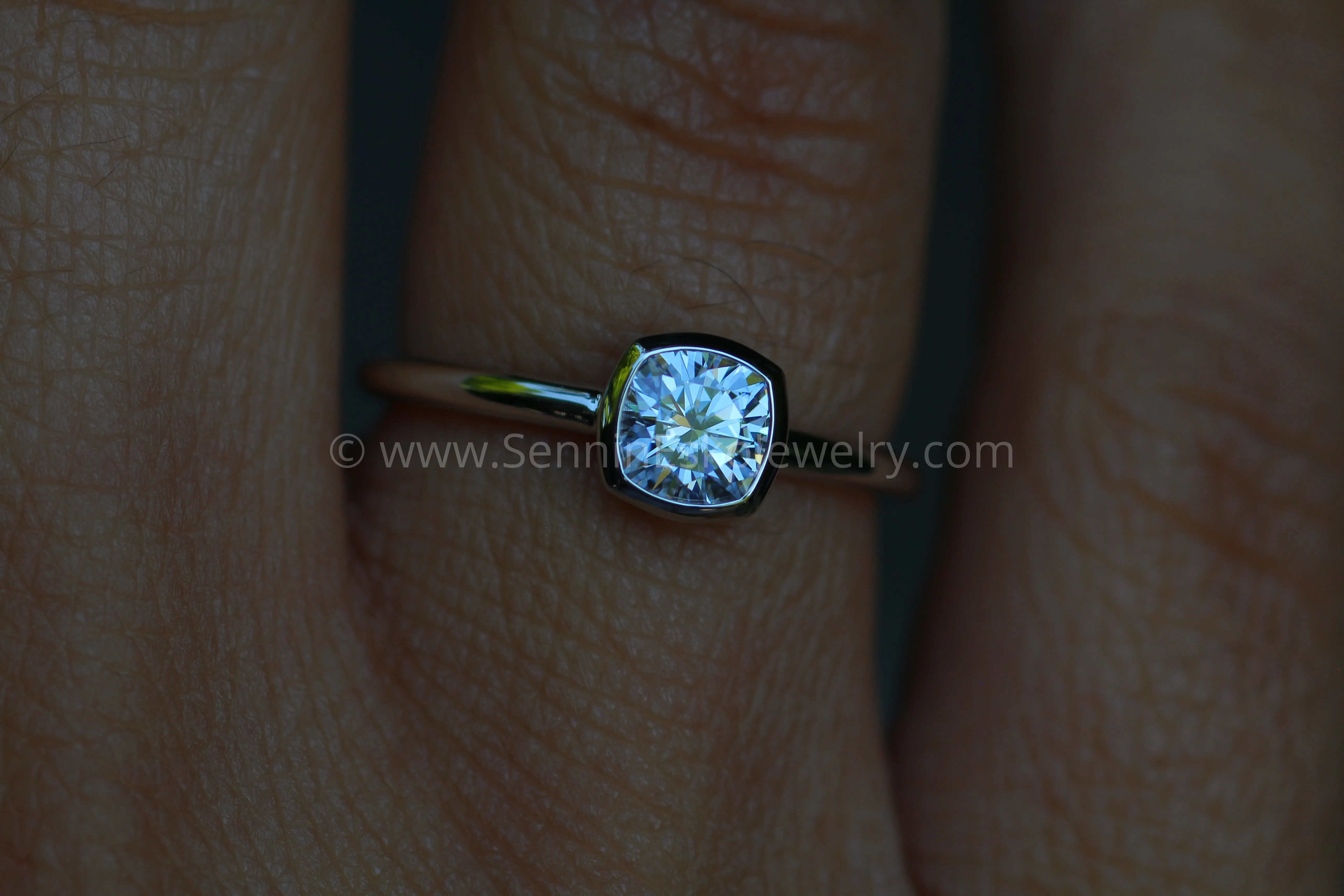5x5 Colorless Moissanite -  Cushion Cut Bezel White Gold Solitaire Ring -  Forever One Moissanite
