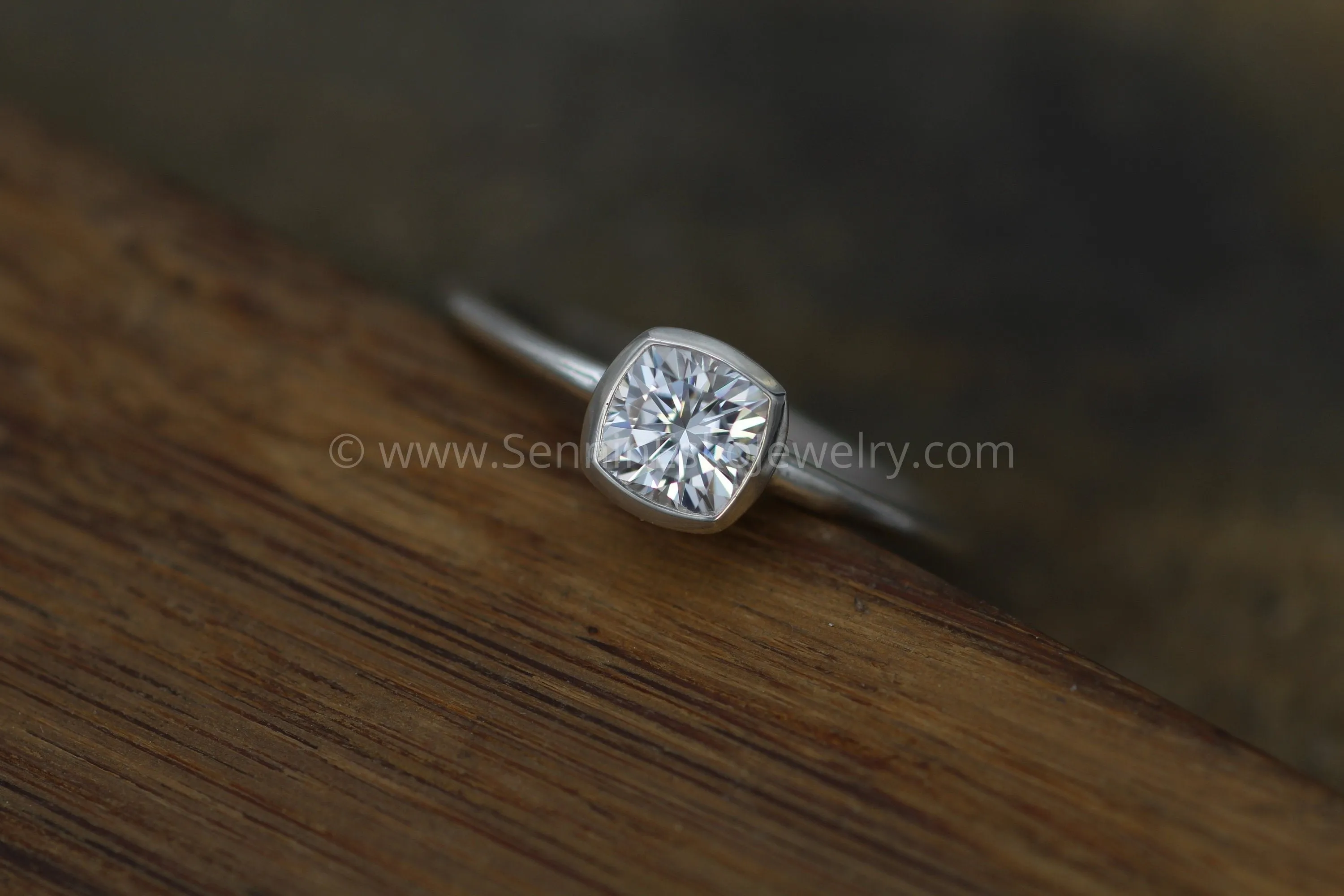 5x5 Colorless Moissanite -  Cushion Cut Bezel White Gold Solitaire Ring -  Forever One Moissanite