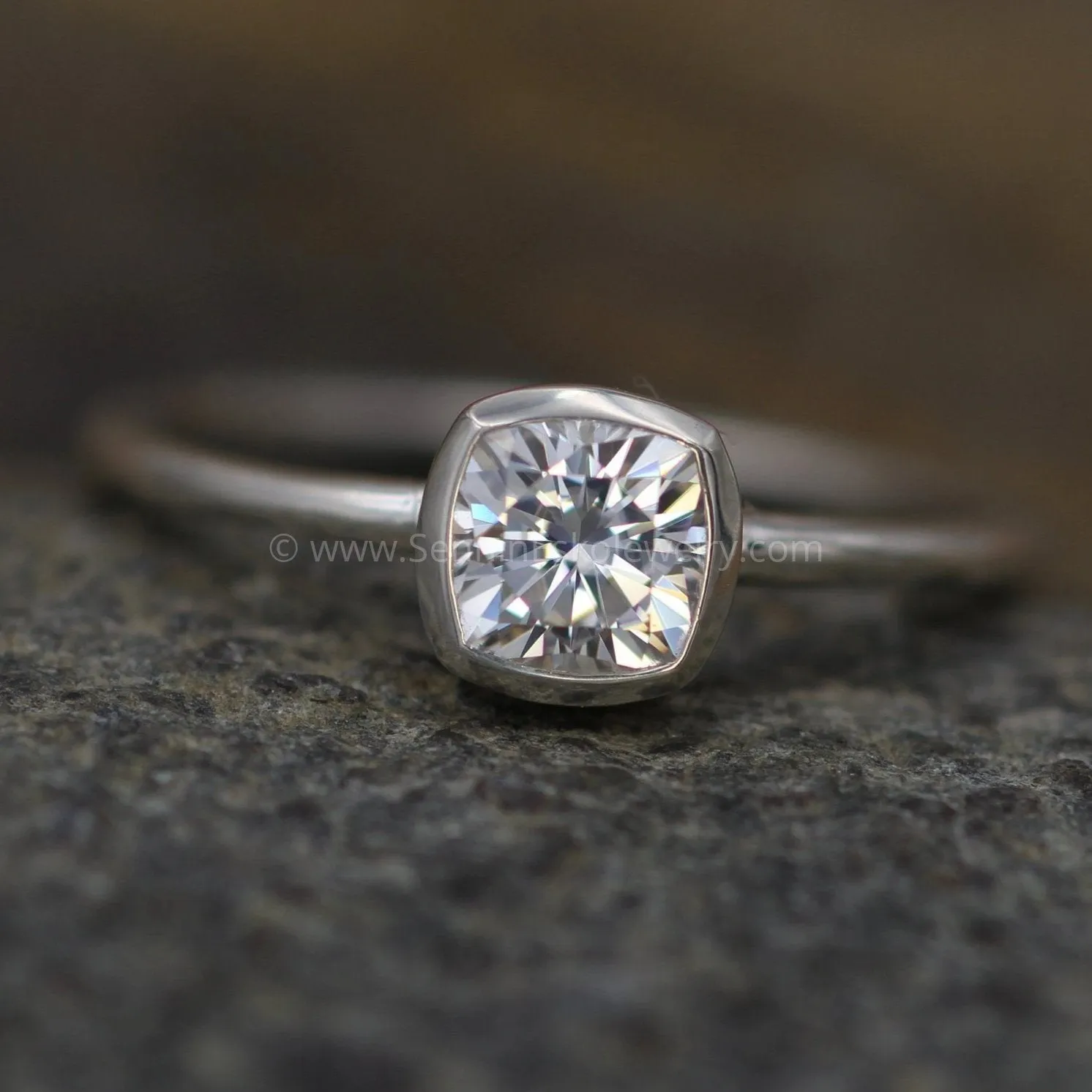5x5 Colorless Moissanite -  Cushion Cut Bezel White Gold Solitaire Ring -  Forever One Moissanite