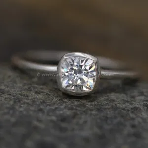 5x5 Colorless Moissanite -  Cushion Cut Bezel White Gold Solitaire Ring -  Forever One Moissanite