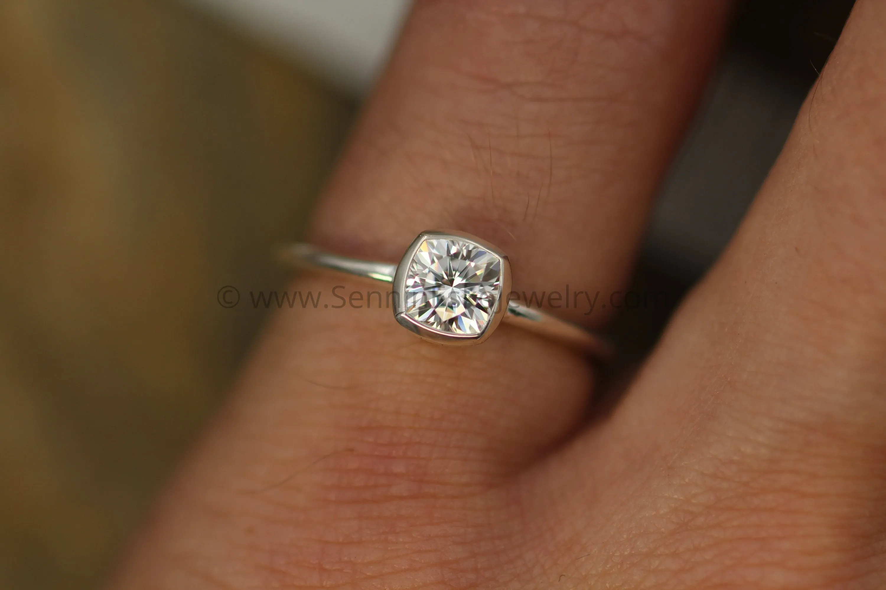 5x5 Colorless Moissanite -  Cushion Cut Bezel White Gold Solitaire Ring -  Forever One Moissanite