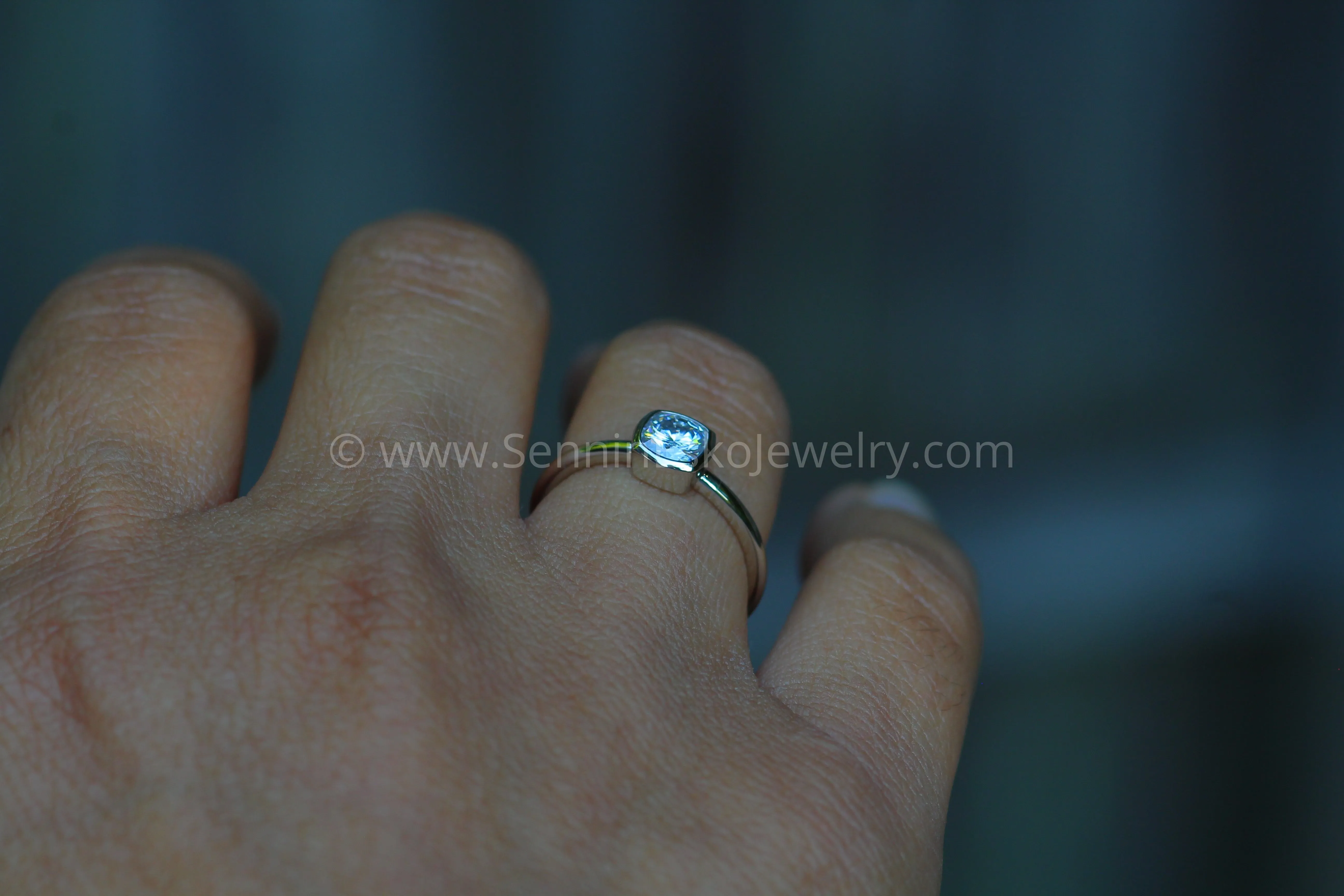 5x5 Colorless Moissanite -  Cushion Cut Bezel White Gold Solitaire Ring -  Forever One Moissanite