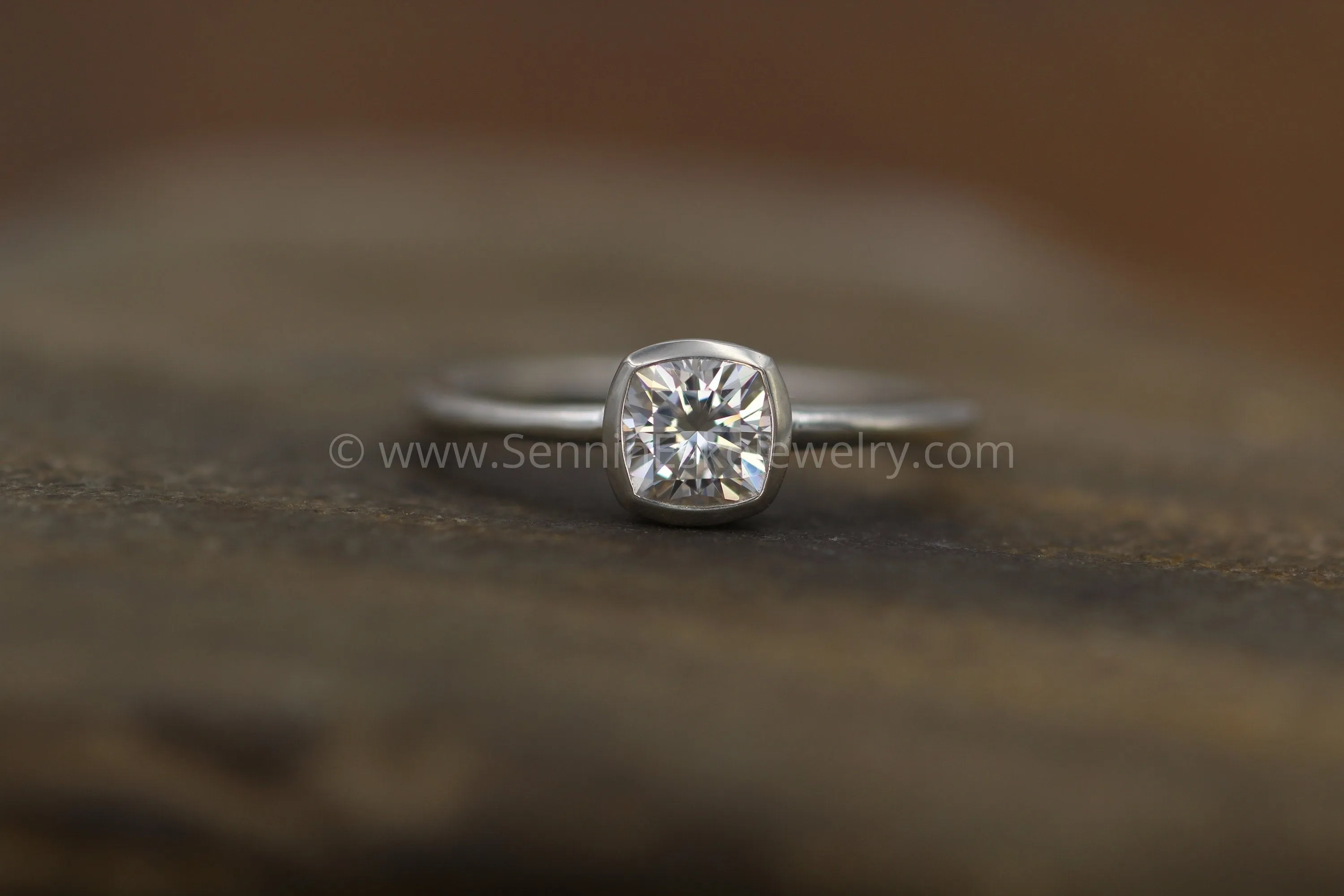 5x5 Colorless Moissanite -  Cushion Cut Bezel White Gold Solitaire Ring -  Forever One Moissanite