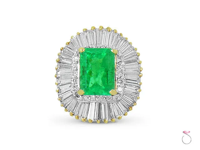 6.00 ct Emerald Ballerina Ring with 3.00 ct Diamond Halo in 18K