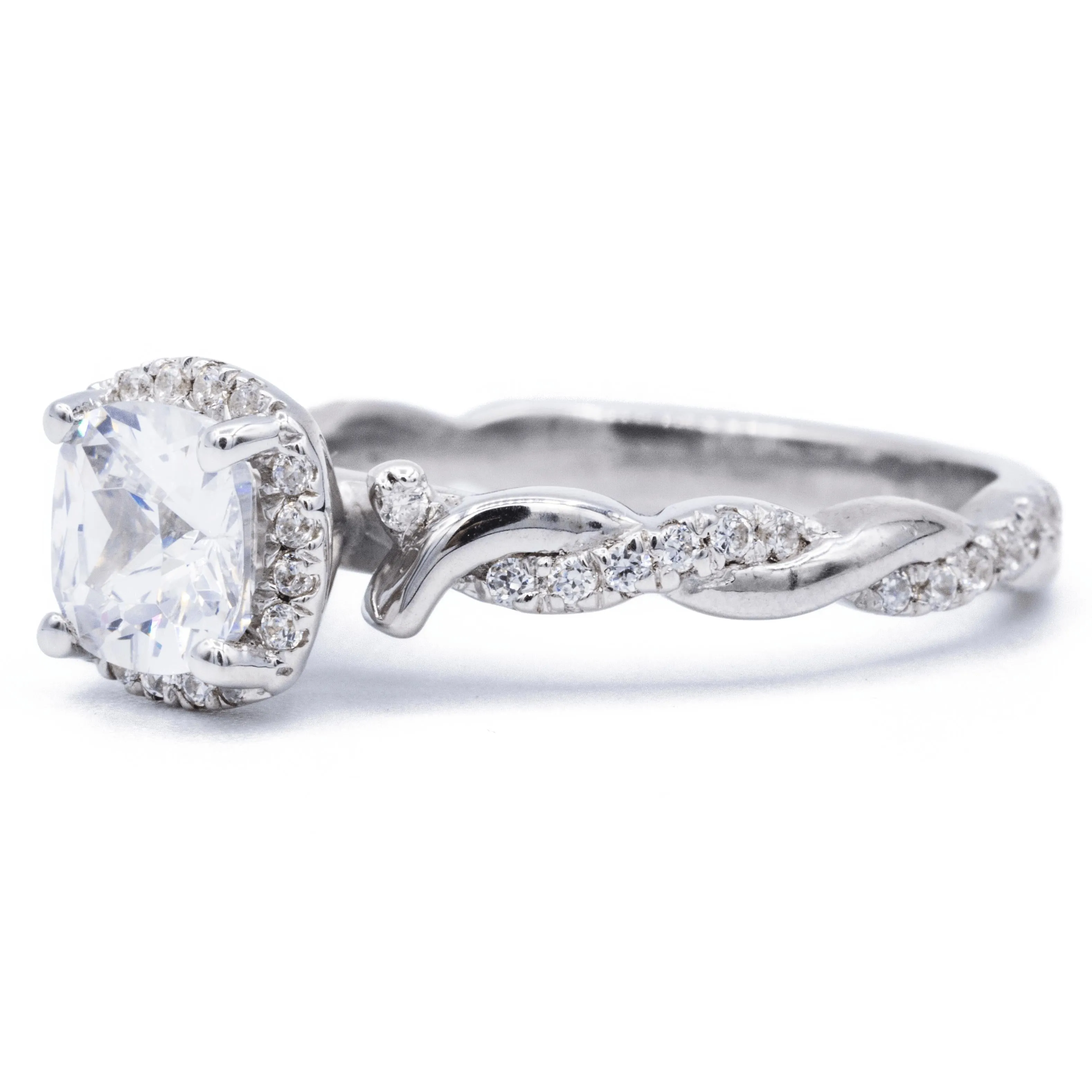 6.5mm Cushion Center 14K White Gold Halo with Flushed Twist Diamond Shank Ring