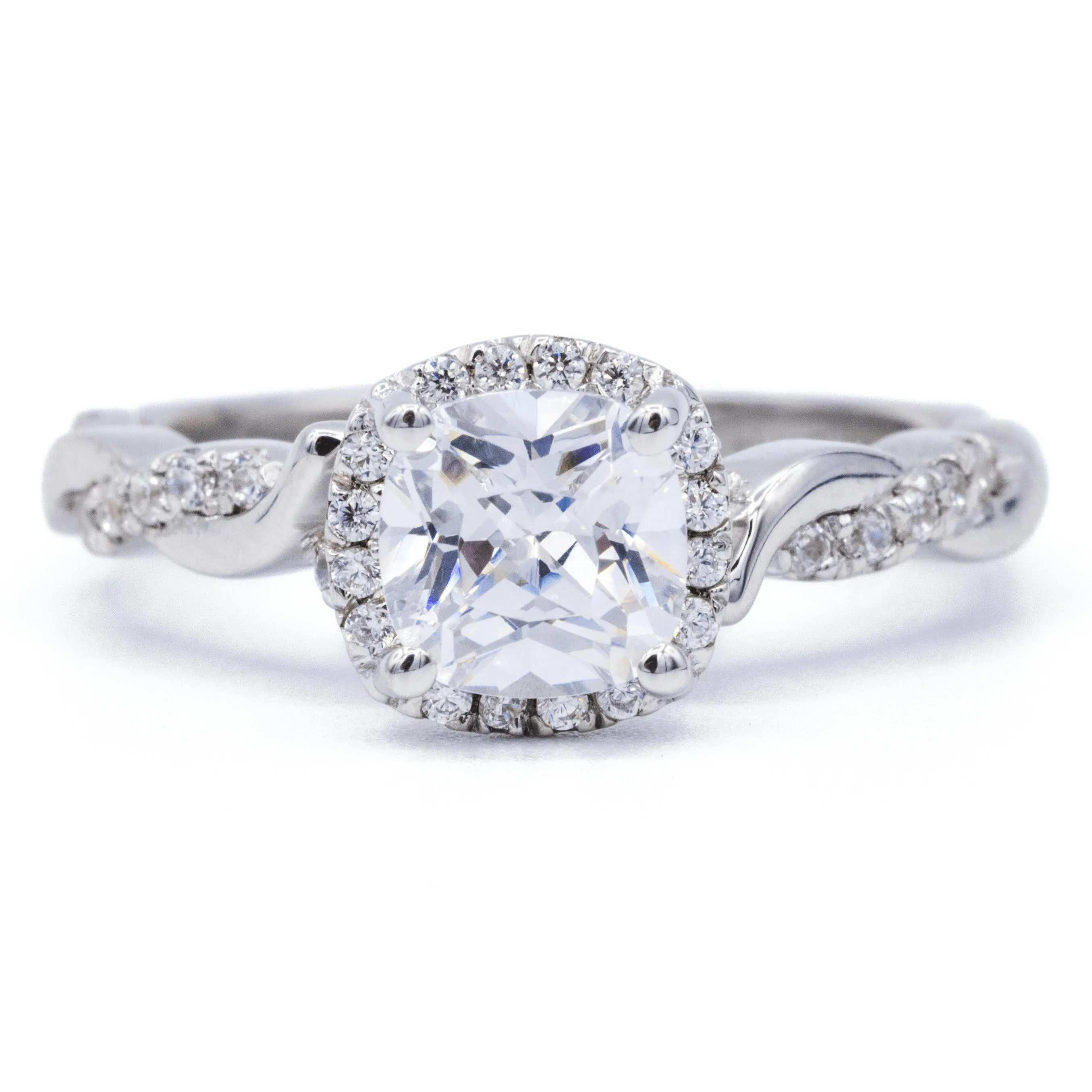 6.5mm Cushion Center 14K White Gold Halo with Flushed Twist Diamond Shank Ring