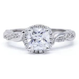 6.5mm Cushion Center 14K White Gold Halo with Flushed Twist Diamond Shank Ring