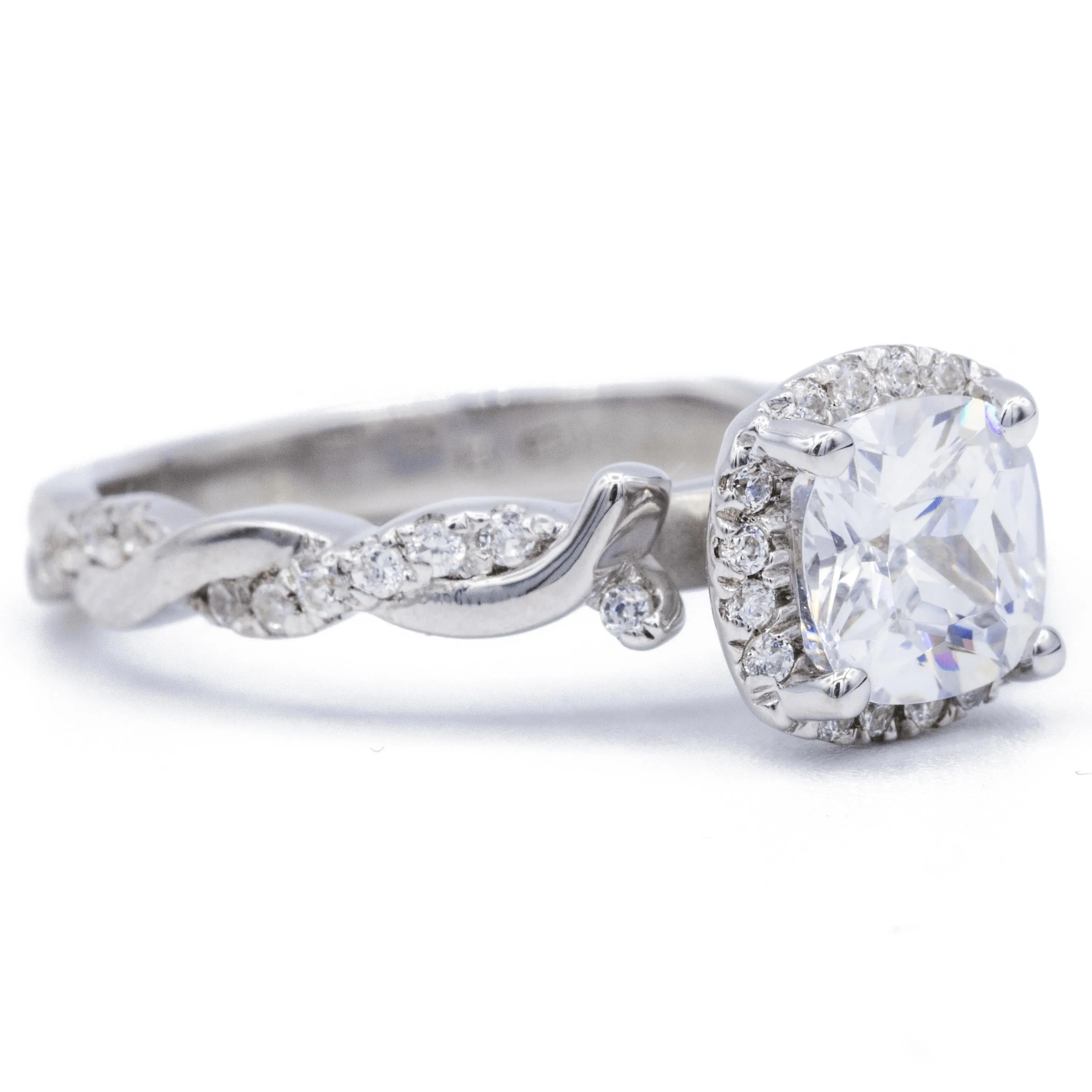 6.5mm Cushion Center 14K White Gold Halo with Flushed Twist Diamond Shank Ring
