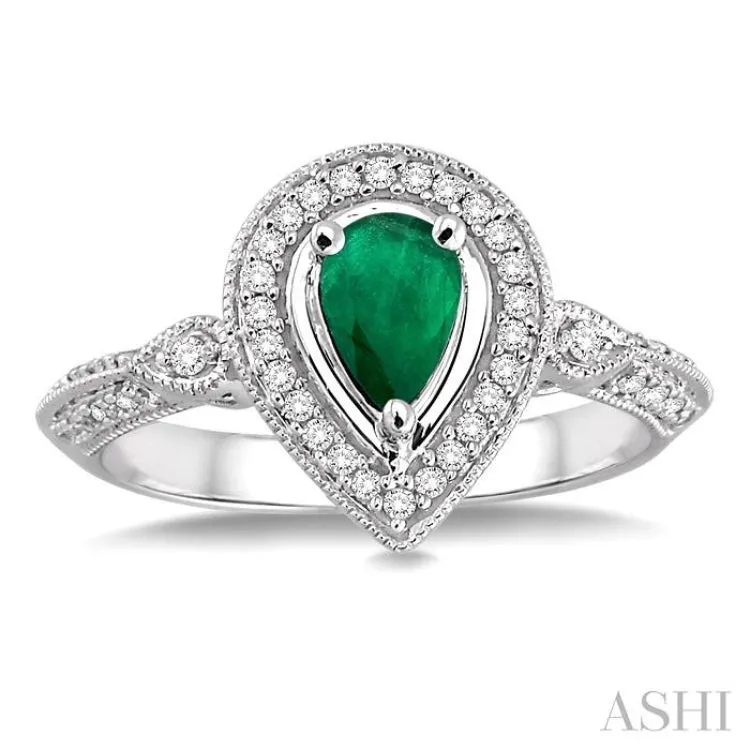 6x4 MM Pear Shape Emerald and 1/6 ctw Round Cut Diamond Ring in 14K White Gold