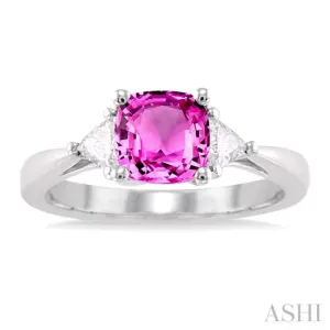 6x6MM Cushion Cut Pink Sapphire and 1/3 Ctw Trillion Cut Diamond Ring in 14K White Gold