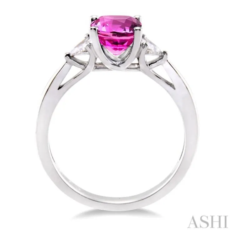 6x6MM Cushion Cut Pink Sapphire and 1/3 Ctw Trillion Cut Diamond Ring in 14K White Gold