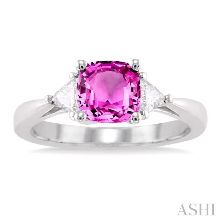 6x6MM Cushion Cut Pink Sapphire and 1/3 Ctw Trillion Cut Diamond Ring in 14K White Gold
