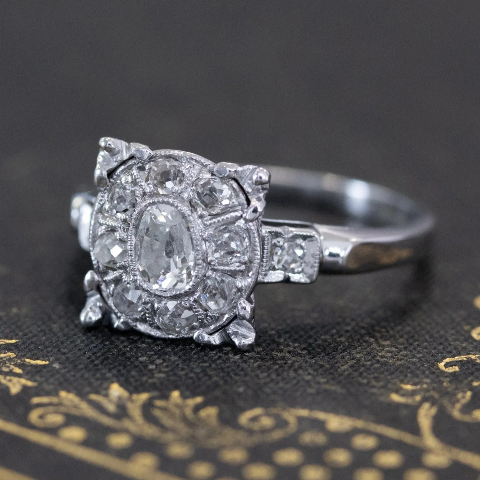 .72ctw Elongated Old Mine Cut Diamond Halo Ring