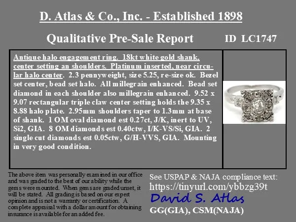 .72ctw Elongated Old Mine Cut Diamond Halo Ring