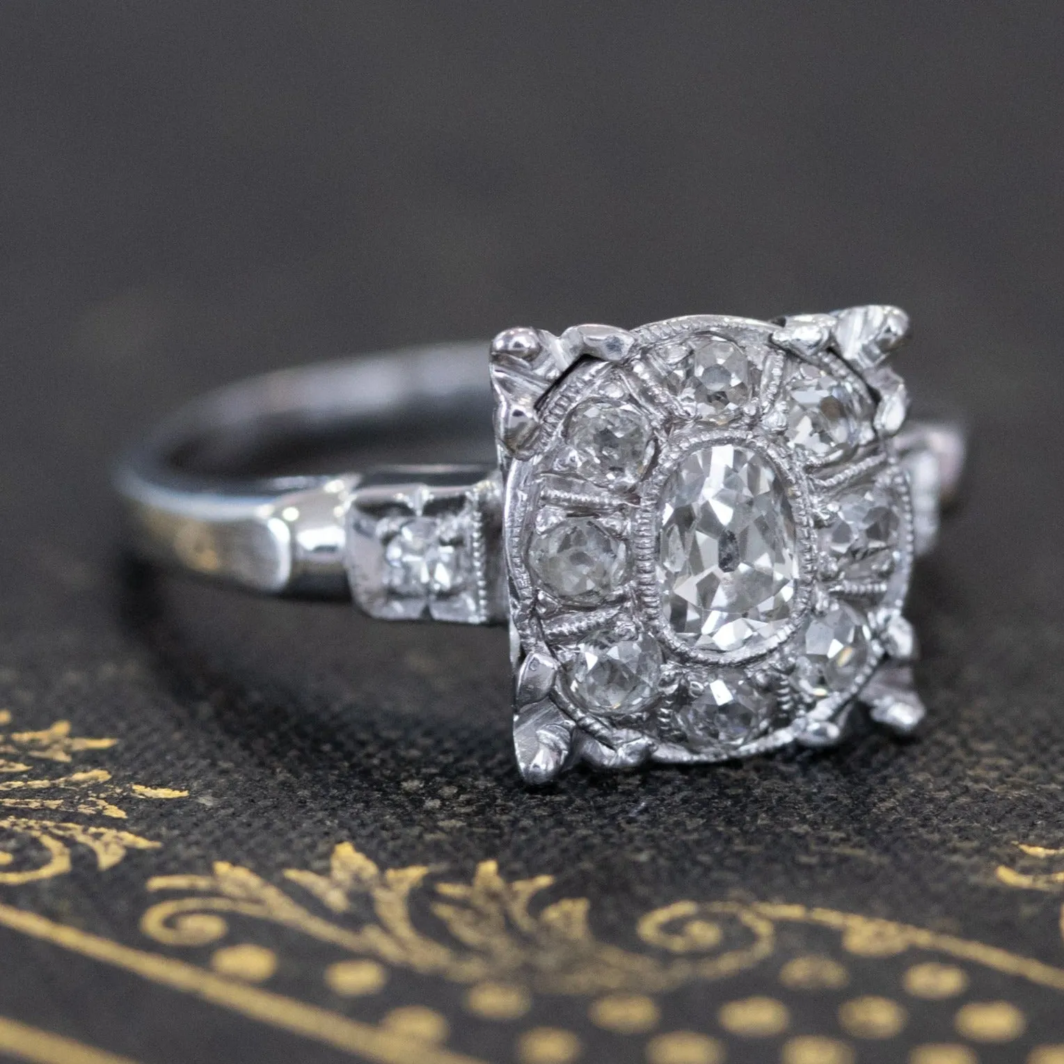 .72ctw Elongated Old Mine Cut Diamond Halo Ring