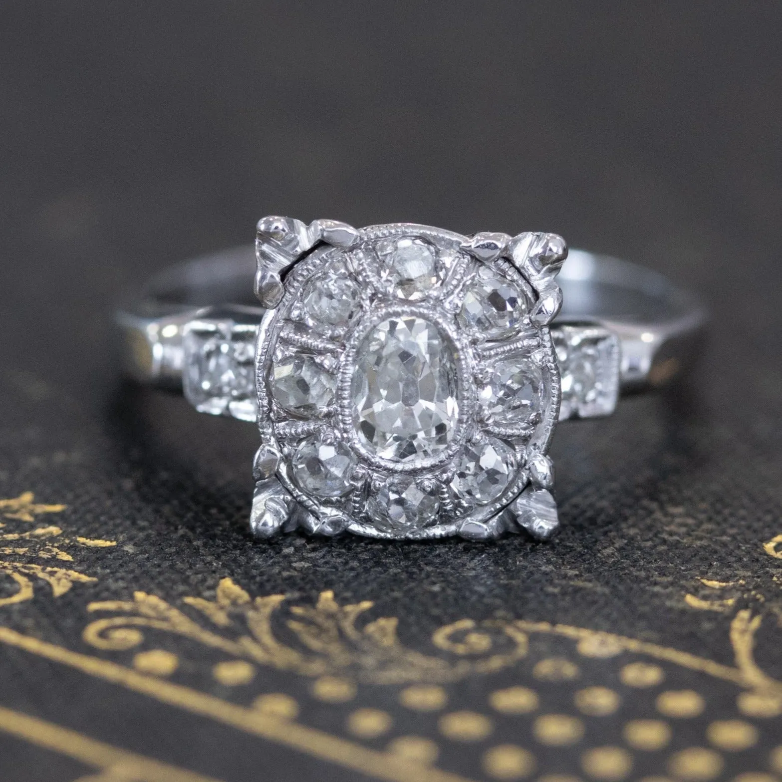 .72ctw Elongated Old Mine Cut Diamond Halo Ring