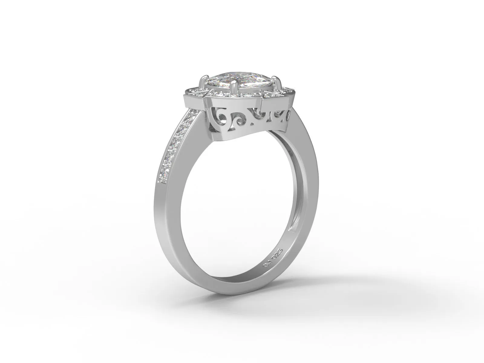 7MM Cushion Moissanite 925 Sterling Silver Solitaire Halo With Side Accents Ring