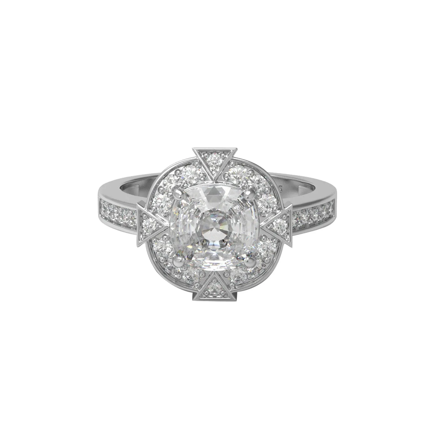 7MM Cushion Moissanite 925 Sterling Silver Solitaire Halo With Side Accents Ring