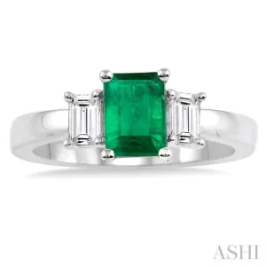7X5mm Octagon Cut Emerald and 3/8 Ctw Diamond Ring in 14K White Gold