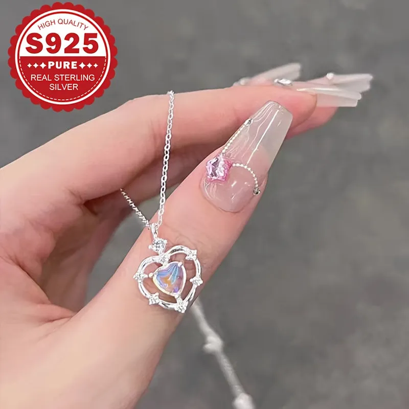 925 Silver Heart Pendant Necklace with Zirconia for Proposal Wedding Gift