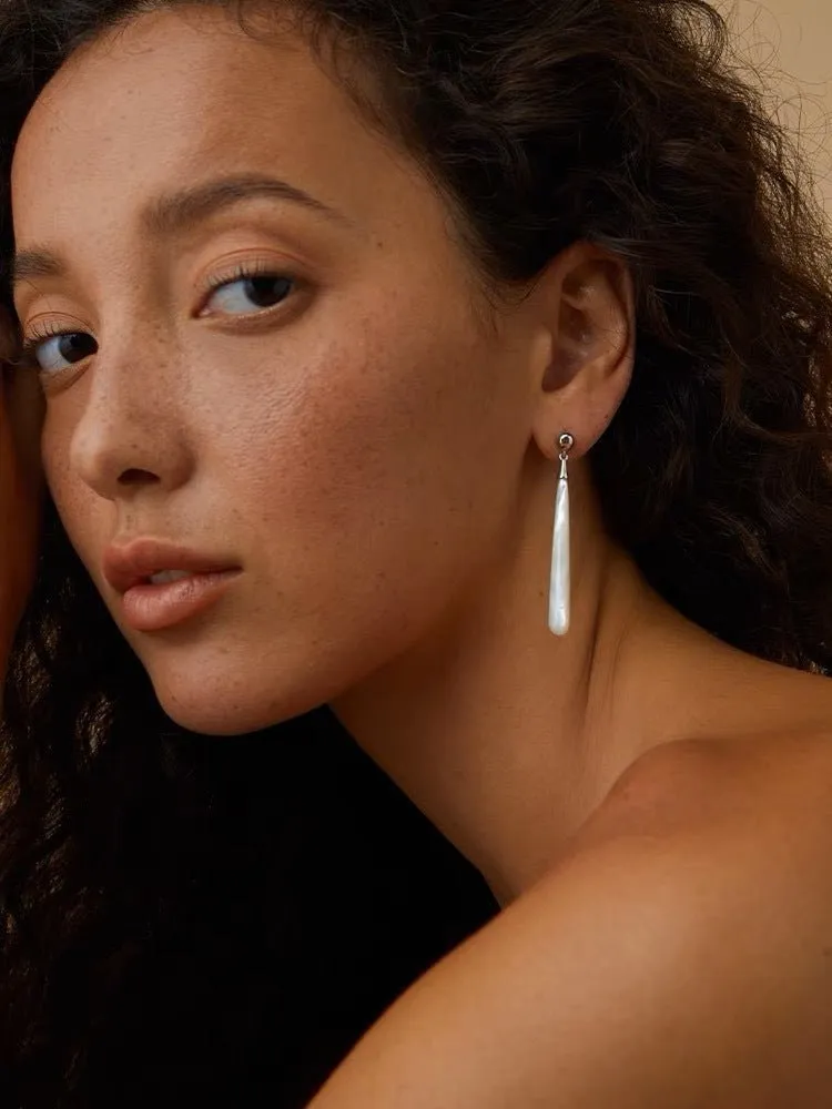 925 Silver Long Teardrop White Mother of Pearls Earrings