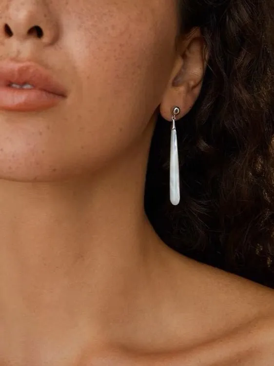 925 Silver Long Teardrop White Mother of Pearls Earrings