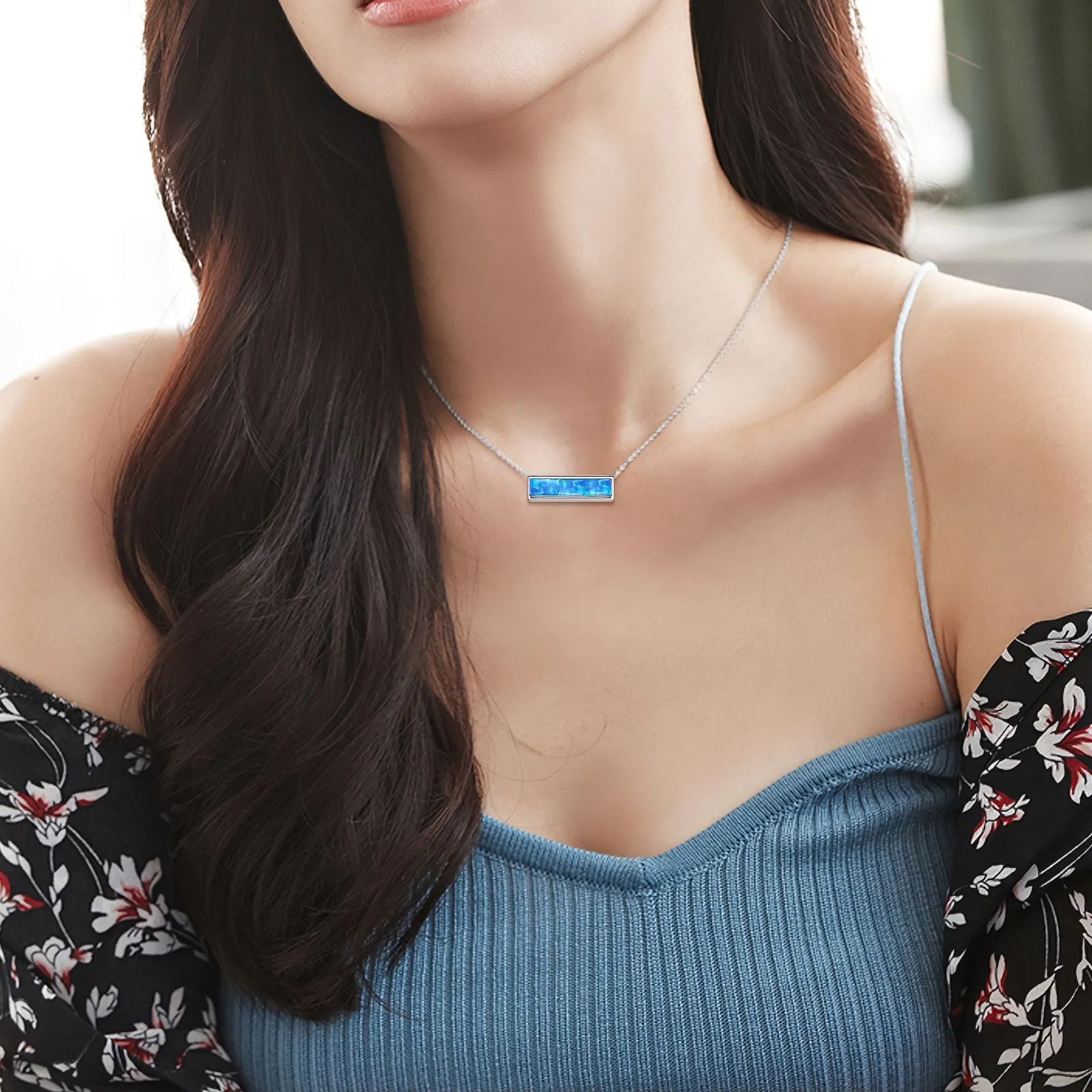 925 Silver Opal Bar Choker Necklace Women Opal Bar Jewelry