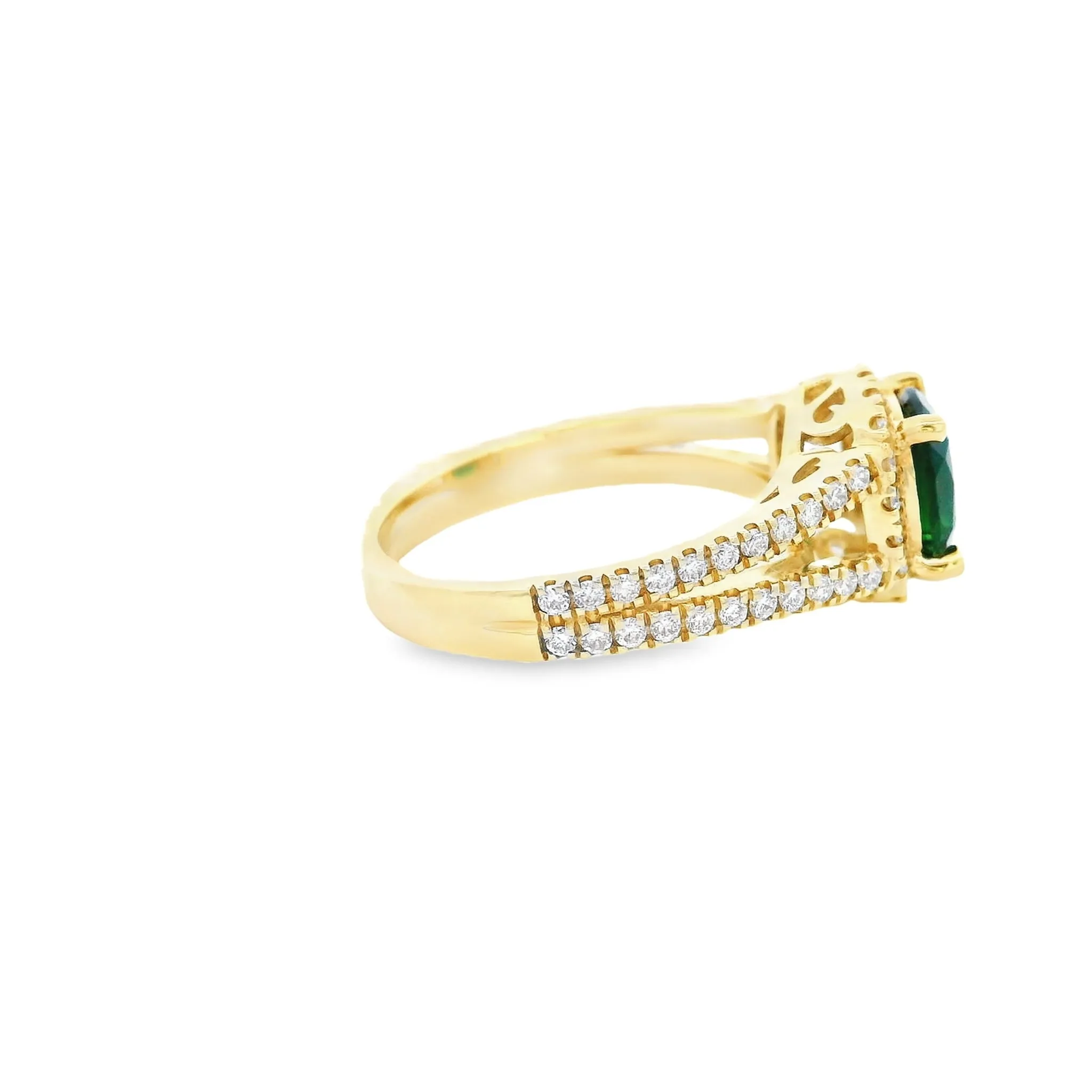 9ct Yellow Gold Cushion Cut Green Tourmaline & Lab Grown Diamond Halo and Split Shoulder Ring TDW= 0.45ct
