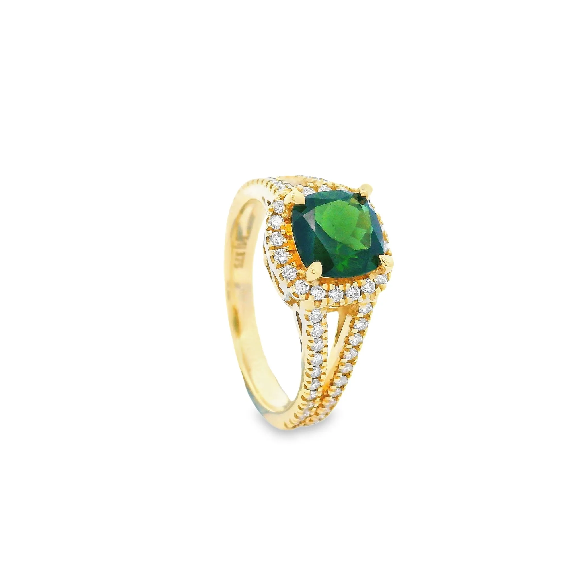 9ct Yellow Gold Cushion Cut Green Tourmaline & Lab Grown Diamond Halo and Split Shoulder Ring TDW= 0.45ct