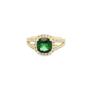 9ct Yellow Gold Cushion Cut Green Tourmaline & Lab Grown Diamond Halo and Split Shoulder Ring TDW= 0.45ct