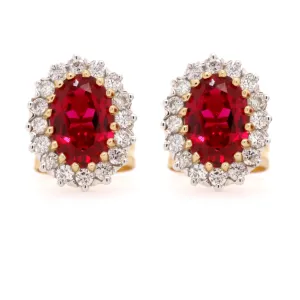 9ct Yellow Gold Vintage Style Created Ruby & Diamond Cluster Earrings