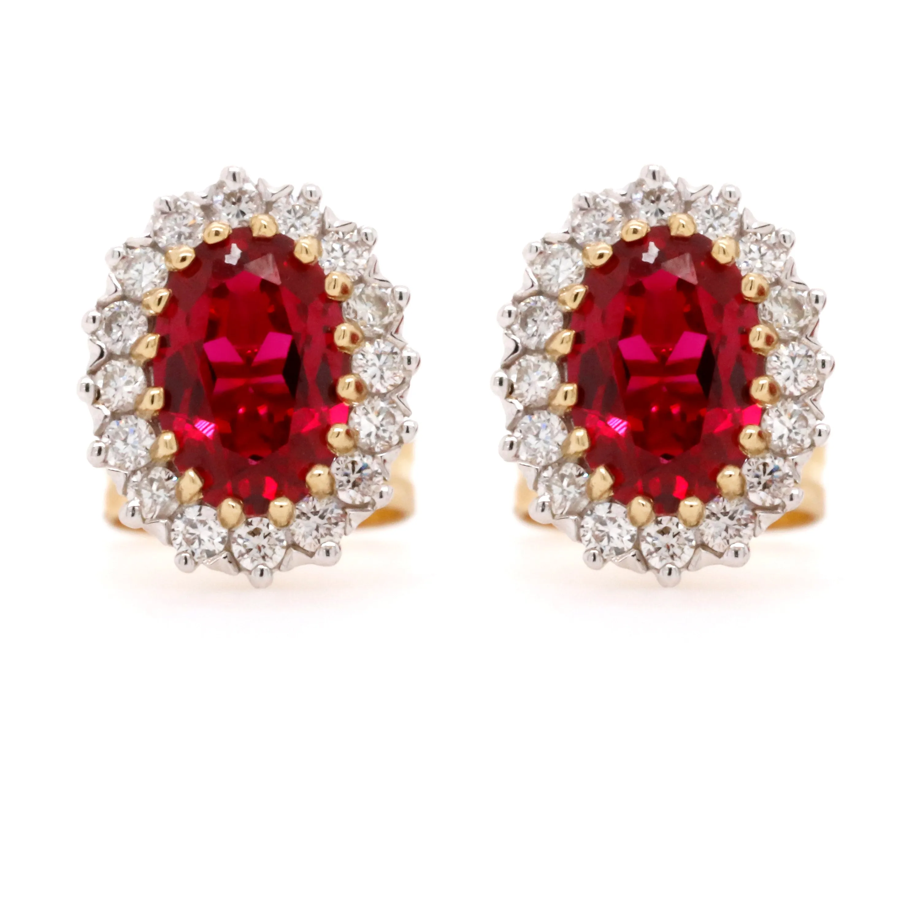 9ct Yellow Gold Vintage Style Created Ruby & Diamond Cluster Earrings