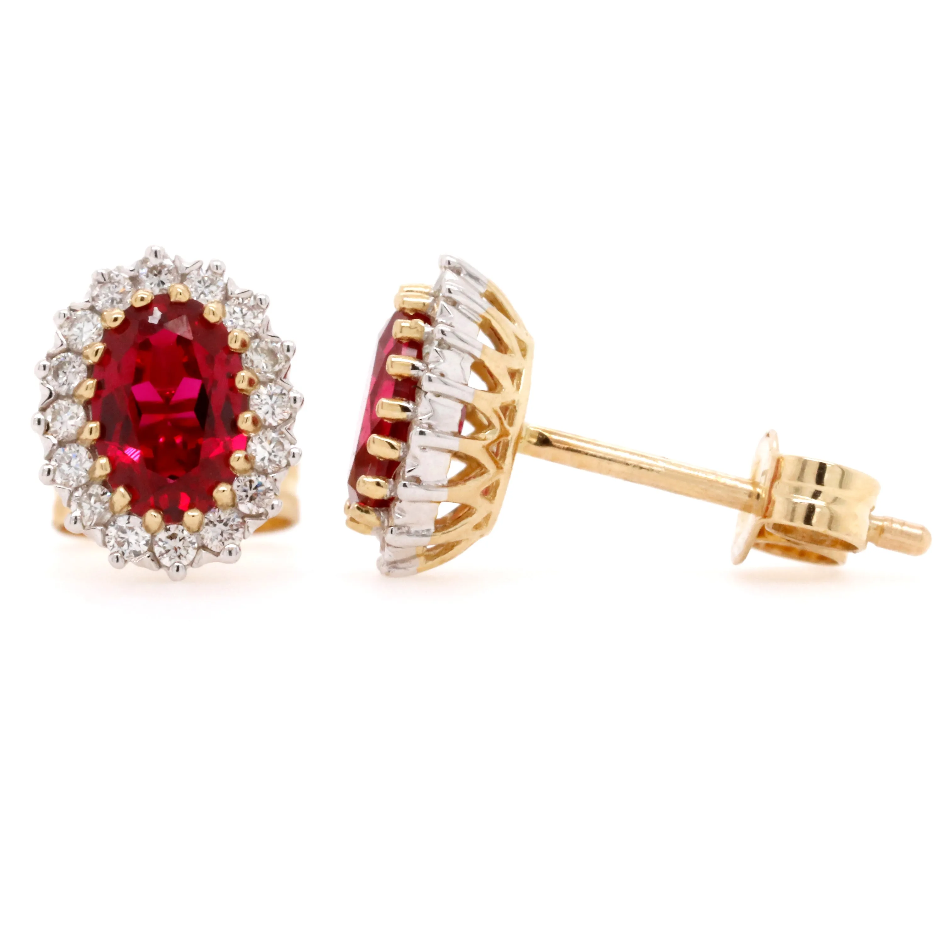 9ct Yellow Gold Vintage Style Created Ruby & Diamond Cluster Earrings