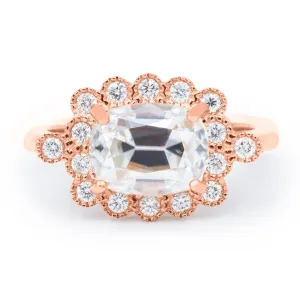 9x7mm East to West Antique Cushion Old Mine Cut (OMC) Center 14K Rose Gold Milgrain Diamond Accent Ring