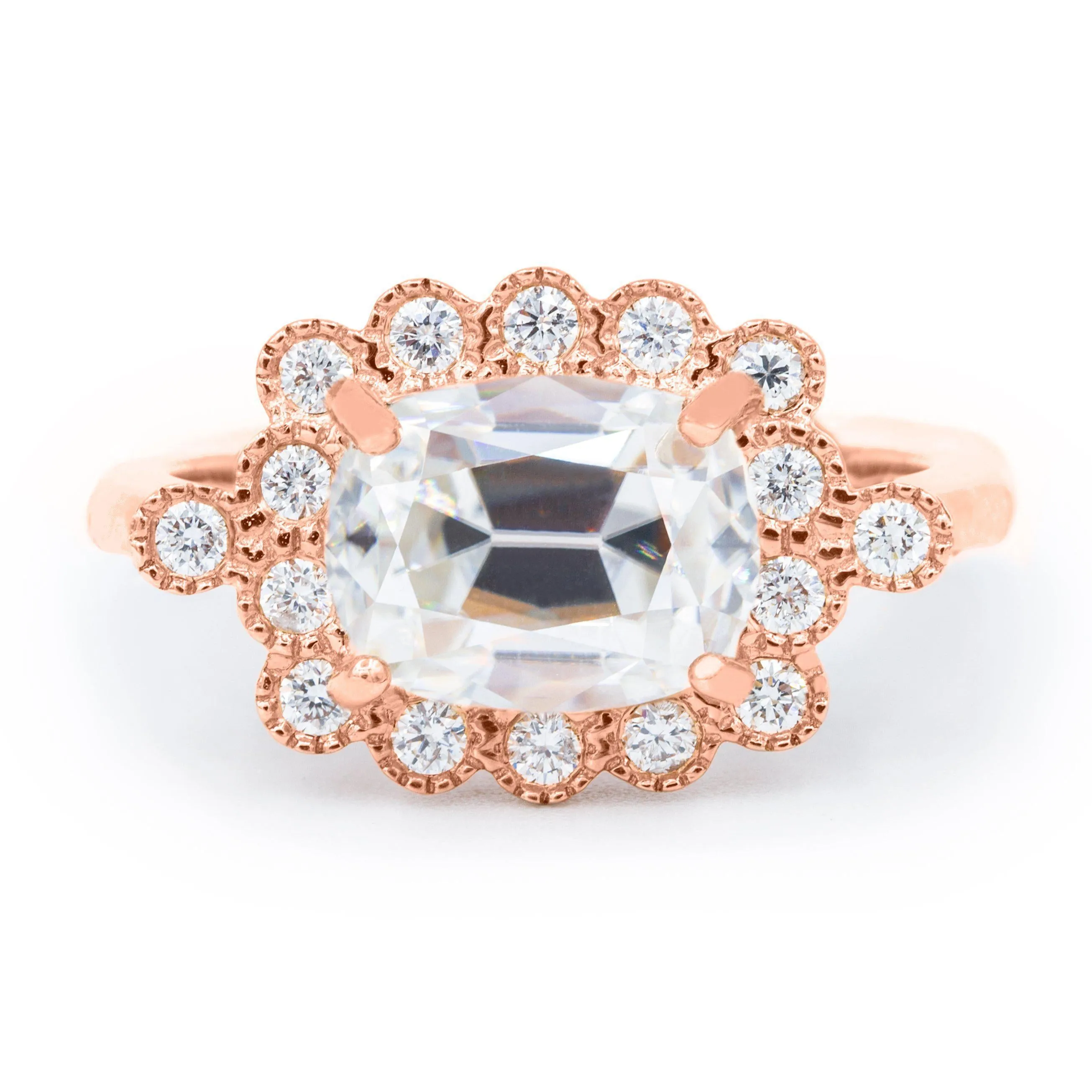 9x7mm East to West Antique Cushion Old Mine Cut (OMC) Center 14K Rose Gold Milgrain Diamond Accent Ring