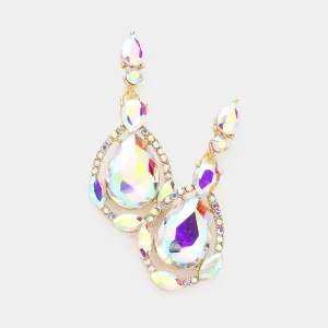 AB Crystal and Rhinestone Teardrop Pageant Earrings on Gold | Prom Earrings | 287280