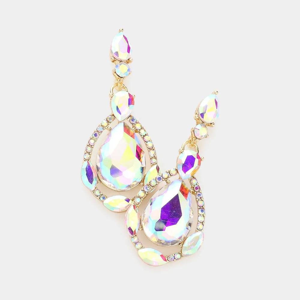 AB Crystal and Rhinestone Teardrop Pageant Earrings on Gold | Prom Earrings | 287280
