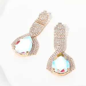 AB Teardrop Embellished with Clear Rhinestone Pageant Earrings on Gold | AB Prom Earrings on Gold |  654094