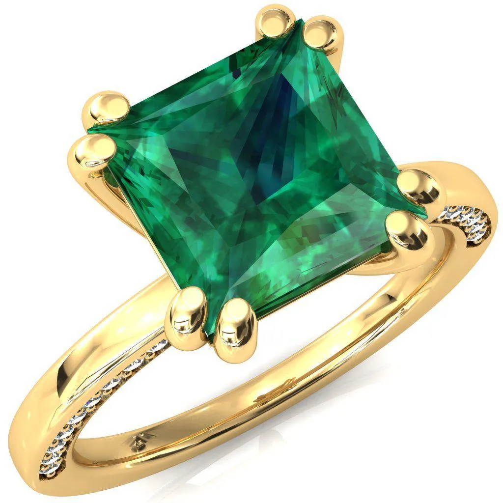 Ain Princess Emerald 4 Double Prong Single Rail Diamond Accent Engagement Ring