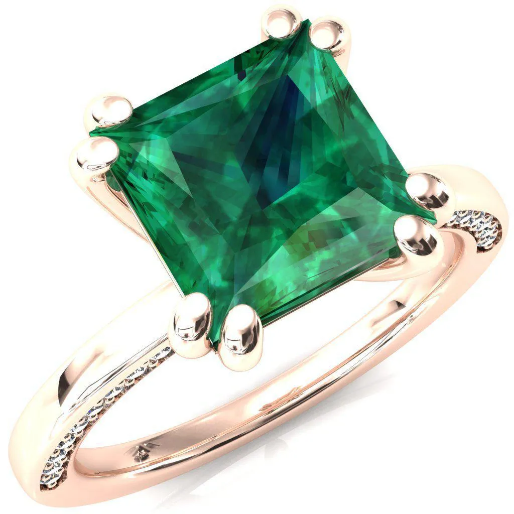 Ain Princess Emerald 4 Double Prong Single Rail Diamond Accent Engagement Ring