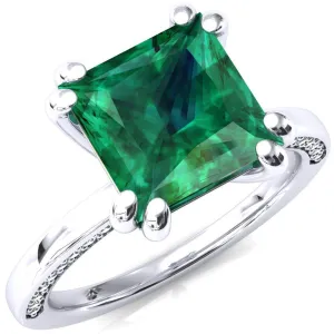 Ain Princess Emerald 4 Double Prong Single Rail Diamond Accent Engagement Ring