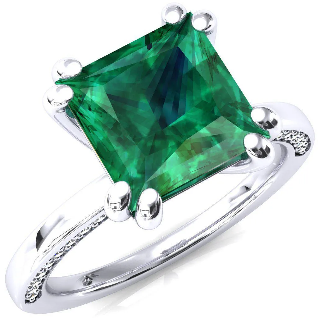 Ain Princess Emerald 4 Double Prong Single Rail Diamond Accent Engagement Ring