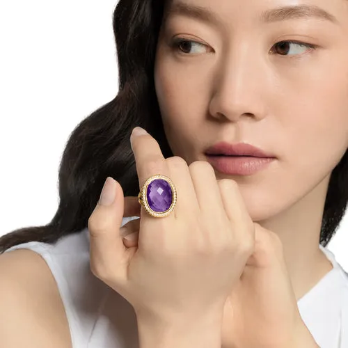 Albion Oval Ring in 18K Yellow Gold with Amethyst and Diamonds, 21mm